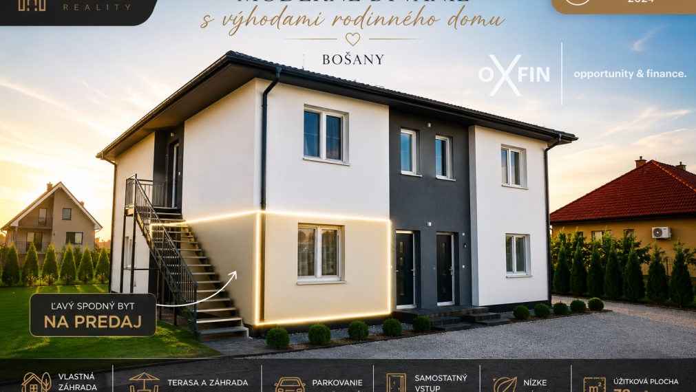 3 - izbový byt s pocitom rodinného domu, s vlastnou terasou, záhradou a parkovaním v Bošanoch.
